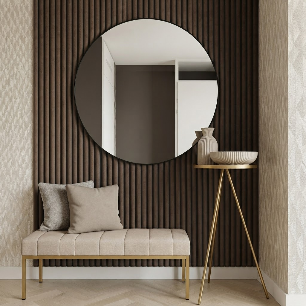 Akoestisch wandpaneel 260cm · Suede ronde latten · Coffee