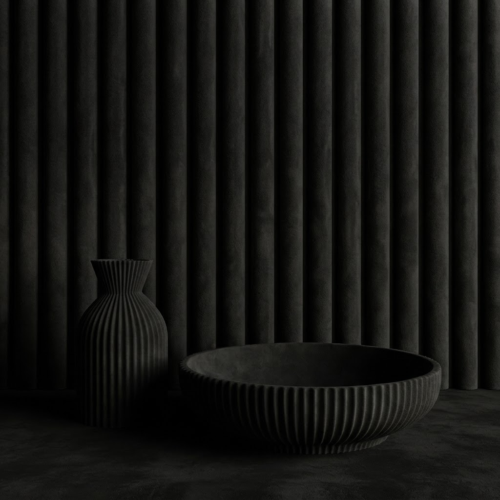 Akoestisch wandpaneel 260cm · Suede ronde latten · Zwart