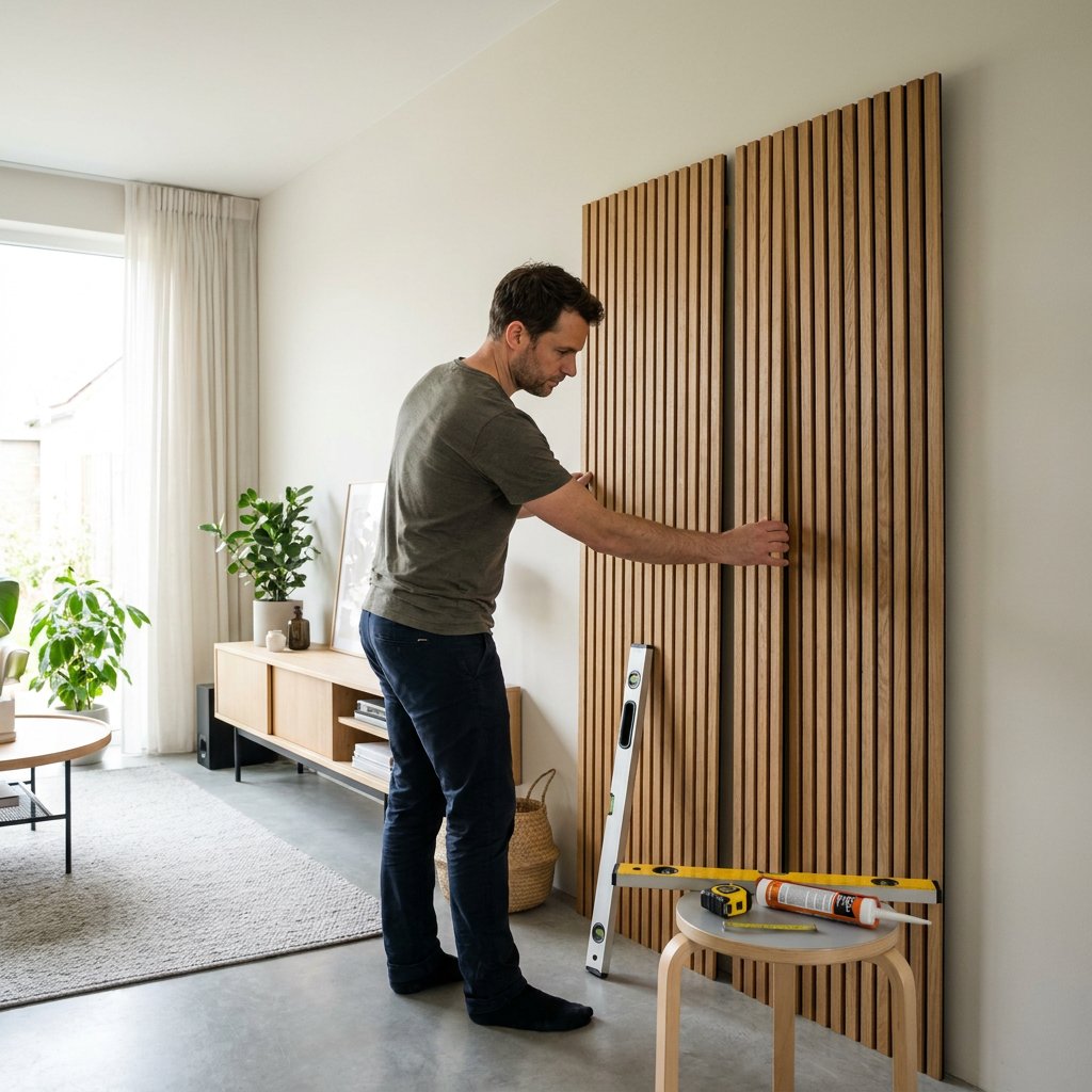 Persoon monteert houten akoestische wandpanelen in een moderne woonkamer, met waterpas en meetlint voor een strakke, nette afwerking.