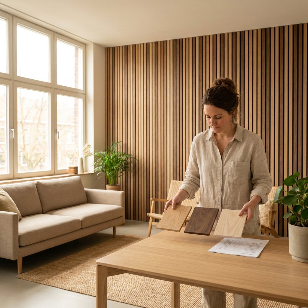 Moderne woonkamer met houten akoestische wandpanelen, stalen op tafel en een bewoner die prijzen vergelijkt in warm daglicht.