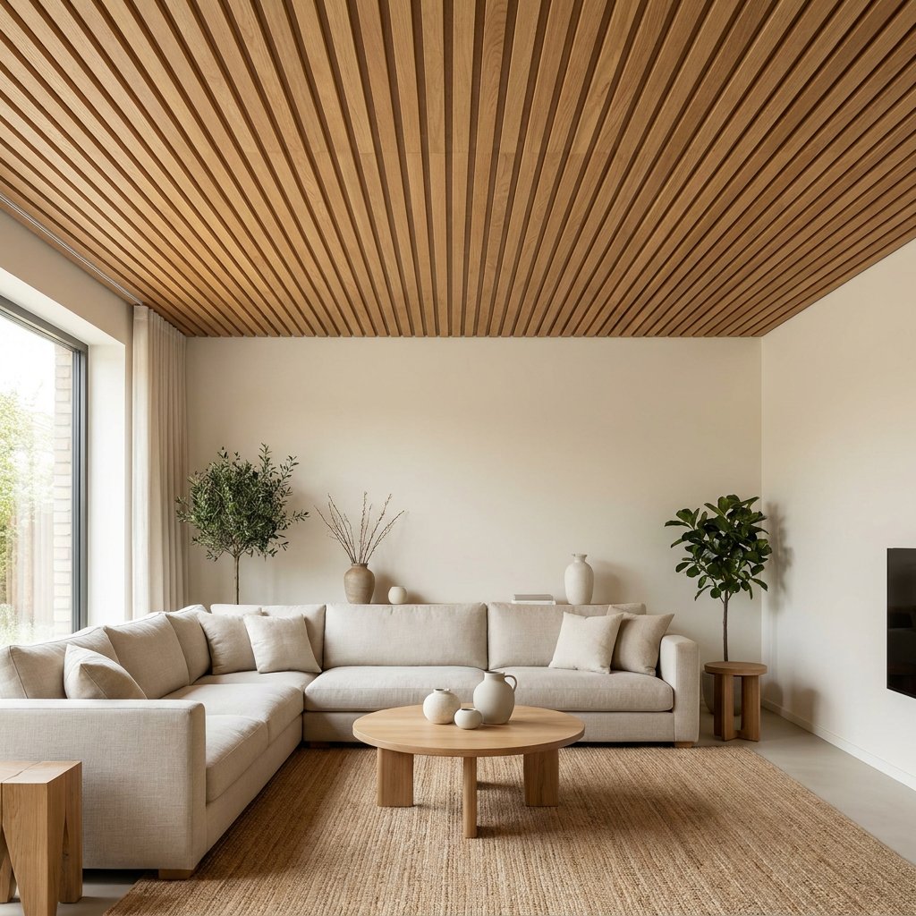 Moderne Nederlandse woonkamer met houten lattenwand aan het plafond, strakke afwerking, warme daglichtinval en rustige luxe sfeer.