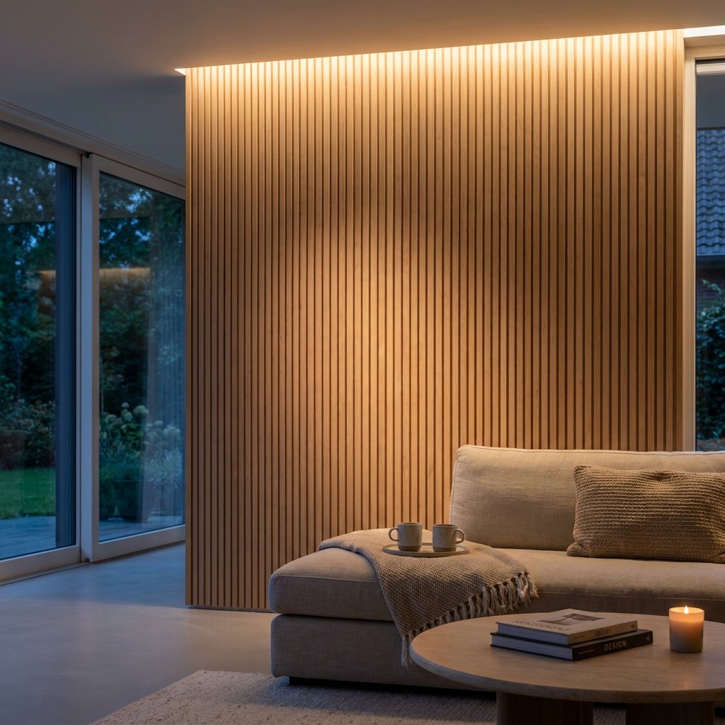 Moderne woonkamer met houten lattenwand en subtiele warme ledverlichting in profiel, waardoor diepte, sfeer en een rustige luxe uitstraling ontstaan.