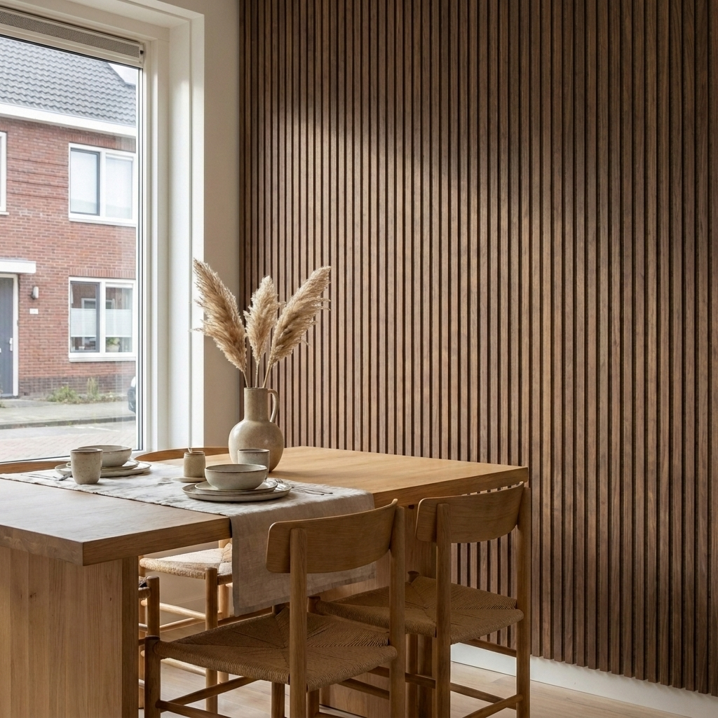 Wandpaneel 280cm - Standaard - Walnoot met Beige vilt - Japandi