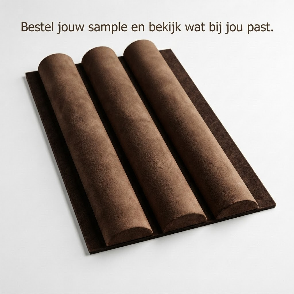 Akoestisch wandpaneel 260cm · Suede ronde latten · Coffee
